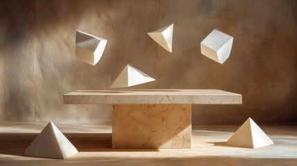 Wall Mural - Geometric balance with floating shapes on stone table