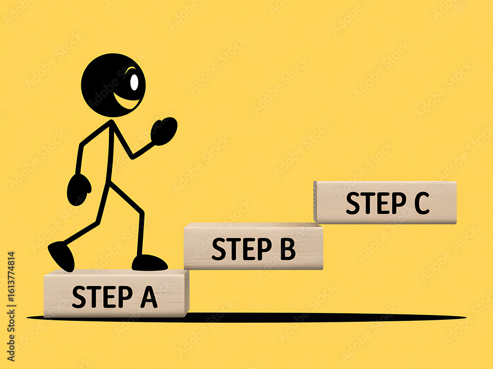 Steps. Figure Stick figure ascends stairs labeled step a step b step c Stock ...