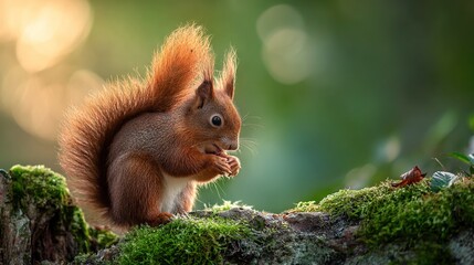 Canvas Print -   A Red Squirrel perched atop a moss-laden tree trunk, consuming a chunk of food with its mouth agape