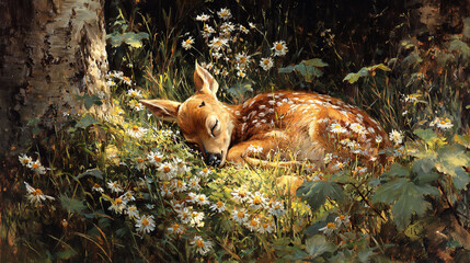 Canvas Print -   A painting of a deer lying down in a field of daisies in front of a tree