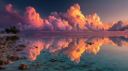 Wall Mural - a vast expanse of water featuring numerous clouds above, scattered rocks submerged within it, and mo