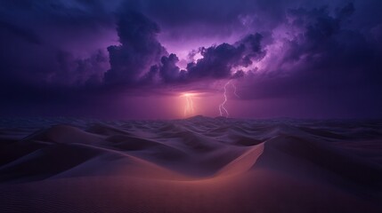 Wall Mural - a desert landscape with sand dunes, featuring a striking purple sky and a bolt of lightning in the b