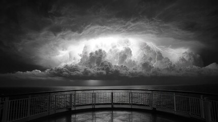 Wall Mural - a black-and-white picture of a stormy water body with lightning in the background
