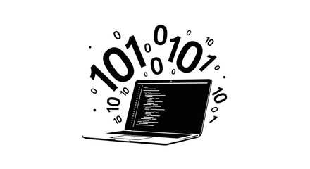 A monochrome vector graphic of a programming laptop with floating binary code symbols.