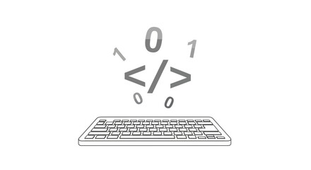 A minimalist vector depiction of a coding session with a keyboard and floating code symbols