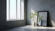 © Sergey - minimalist interior, bright sunlit window on one side, shadowed corner on the other, small green plant reaching toward light, cracked mirror leaning against dark wall, contrast between hope and fear