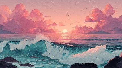 Wall Mural - sunset on water with birds in flight, and a rocky shore