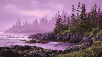 Wall Mural - a body of water with a rocky shore surrounded by trees and pine trees during a foggy day