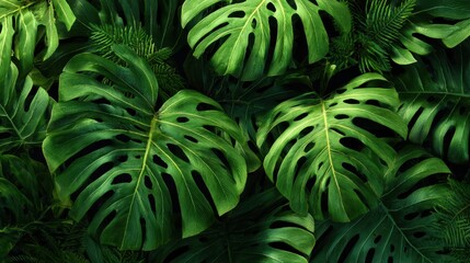  A collection of large, green tropical leaves fills the frame, showcasing their intricate patterns and textures. Sunlight filters through, enhancing the vibrant hues and creating a serene atmosphere