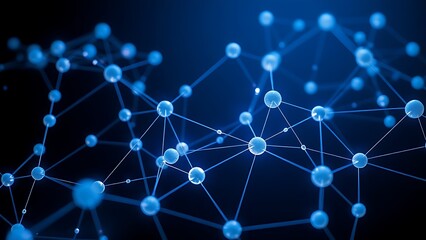 Abstract blue and white interconnected spheres with glowing nodes, symbolizing a digital network on a dark background.