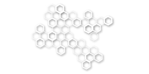 Wall Mural - An abstract arrangement of interconnected hexagonal shapes in subtle white and light gray, with soft shadows, creating a minimalist and modern honeycomb-like pattern on a clean white background.