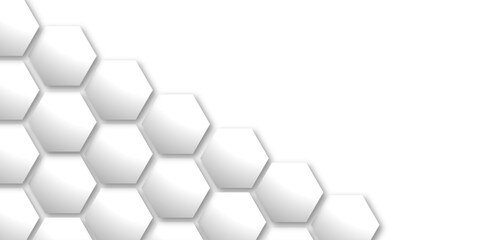 Wall Mural - An abstract arrangement of interconnected hexagonal shapes in subtle white and light gray, with soft shadows, creating a minimalist and modern honeycomb-like pattern on a clean white background.