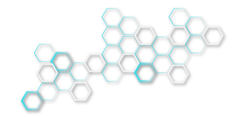Wall Mural - An abstract, minimalist design featuring scattered hexagonal shapes in light blue and white, some solid and some outlines, casting subtle shadows on a pure white background,