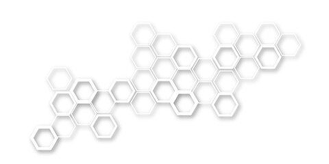 Wall Mural - An abstract arrangement of interconnected hexagonal shapes in subtle white and light gray, with soft shadows, creating a minimalist and modern honeycomb-like pattern on a clean white background.