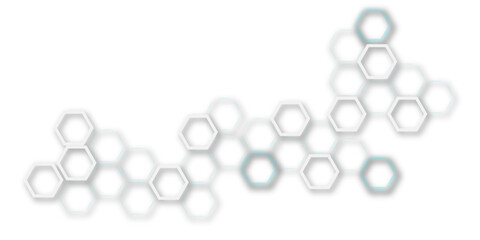 Wall Mural - An abstract arrangement of interconnected hexagonal shapes in subtle white and light gray, with soft shadows, creating a minimalist and modern honeycomb-like pattern on a clean white background.