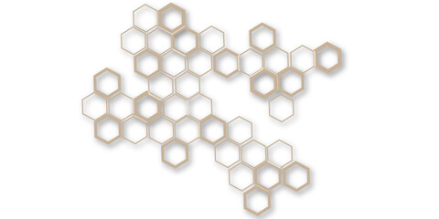 Wall Mural - An abstract arrangement of interconnected hexagonal shapes in subtle beige and white, with thin outlines and soft shadows, creating a modern, minimalist honeycomb pattern on a clean white background.