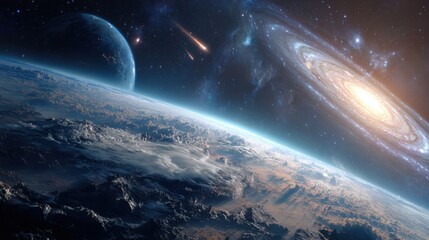 Wall Mural - a breathtaking cosmic landscape featuring a spiral galaxy, nearby planets, and shooting stars, illum