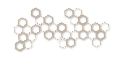 Wall Mural - An abstract arrangement of interconnected hexagonal shapes in subtle beige and white, with thin outlines and soft shadows, creating a modern, minimalist honeycomb pattern on a clean white background.