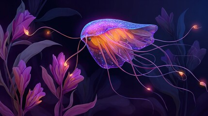 Wall Mural -   A close-up of a jellyfish amidst a field of purple and yellow flowers and leaves