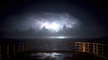 Wall Mural -   Over water, a storm rages as a railing stands tall in the foreground, while the background softly glows with a sense of calm