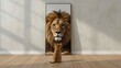 © Fairy Art - A small orange kitten sat on a wooden floor, looking into a mirror. The reflection of the kitten was a majestic, graceful male lion with a thick, golden mane.