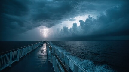 Wall Mural -   A vast expanse of water contains a boat at its center and a lightning bolt pierces the sky above it