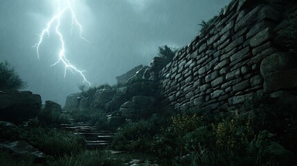 Wall Mural - stone wall under dark, stormy night sky; ladder ascends; lightning strikes