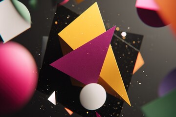 Wall Mural - colorful geometric shapes floating in a dark space create a vibrant abstract composition