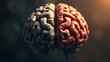 © Graphics - Textured illustration of a human brain divided into hemispheres with artistic abstract elements.