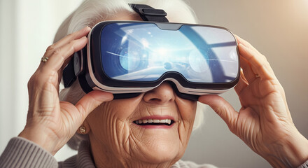 Elderly woman wearing virtual reality headset, smiling with curiosity and delight while exploring immersive digital worlds through futuristic technology experience
