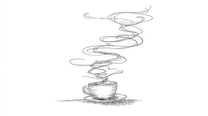 Wall Mural - a sketch of a coffee mug resting on a plate with a wisp of smoke curling from its rim