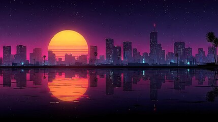 Wall Mural - the sun sets over the cityscape, palms in the foreground, and water reflecting its light