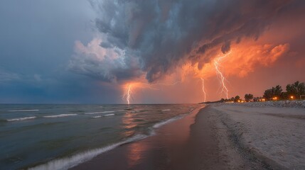 Wall Mural - a few lightning bolts illuminate the sky over a serene waterfront scene, featuring two swaying palm 