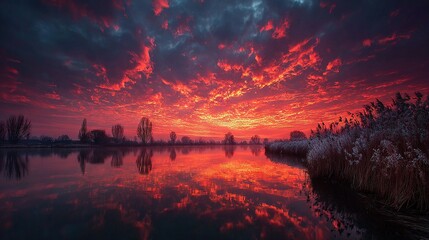 Wall Mural -  Sunset on water with trees & bushes in foreground, clouds in sky above