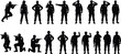 © Shammi's World - Military and police silhouette collection, tactical soldier poses, armed officers in uniform, standing and kneeling action positions, security defense vector, law enforcement illustration