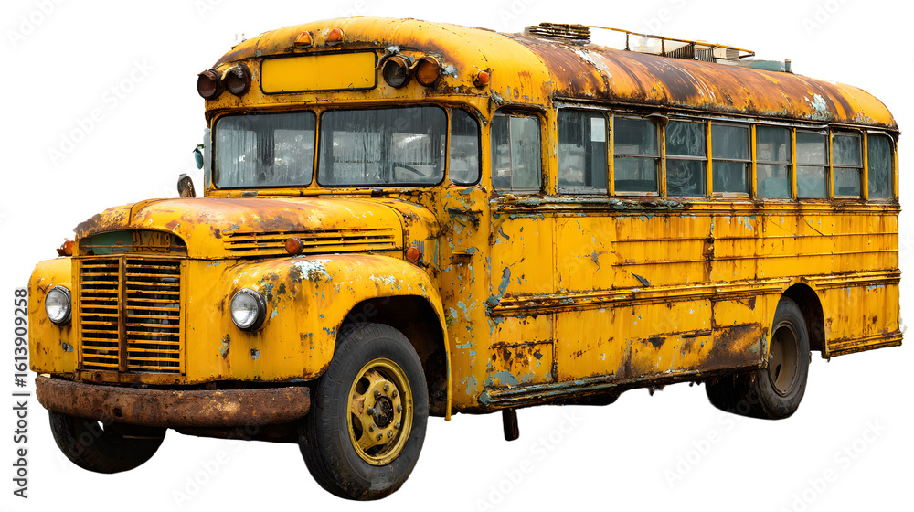 Dilapidated yellow school bus with rust on a transparent background ...