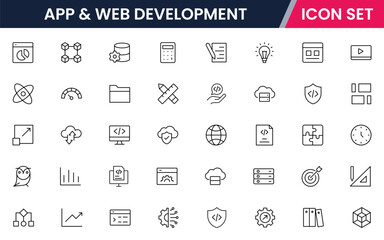 App and web development vector line icons featuring code, wireframes, interfaces, screens, UX/UI, testing, deployment, bugs, and digital tools.