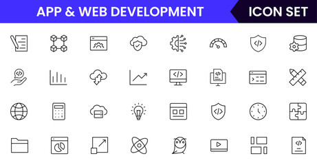 App and web development vector line icons featuring code, wireframes, interfaces, screens, UX/UI, testing, deployment, bugs, and digital tools.