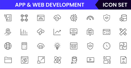 App and web development vector line icons featuring code, wireframes, interfaces, screens, UX/UI, testing, deployment, bugs, and digital tools.