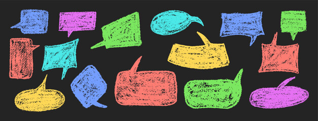 Wall Mural - vector set of quirky colorful speech bubbles and clouds on black bg. wax and charcoal squiggle style