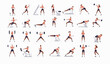 © Tasawar - A high-quality vector set featuring a fit woman performing 20 different gym exercises and workout poses using various gym equipment and machines. Includes activities like squats, lunges, push-ups, pla