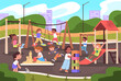 © ssstocker - Children playing playground. Kids play area game in summer park outdoor school or kindergarten outside, happy cartoon child fun activity city garden yard classy vector illustration