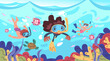 © ssstocker - Children snorkeling. Cartoon kids scuba diver underwater sea background, little divers boy girl in snorkel goggles mask swim under deep ocean water, classy vector illustration