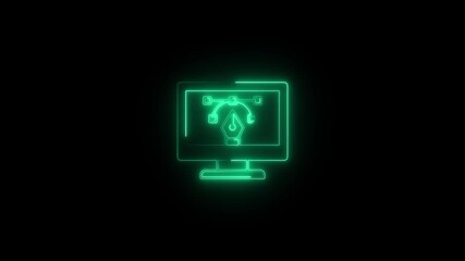 Neon computer with code and pen icon on black background for software development