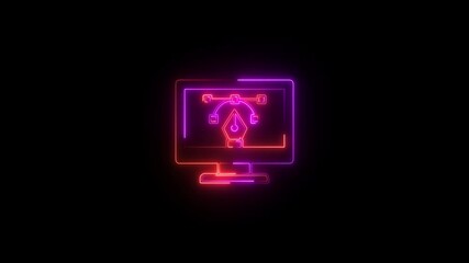 Neon computer with code and pen icon on black background for software development