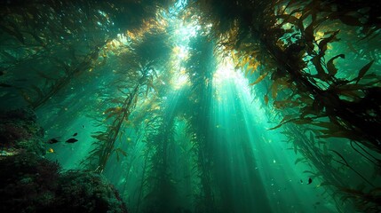 Wall Mural -   The sun shines through kelp in a kelp-covered kelp forest