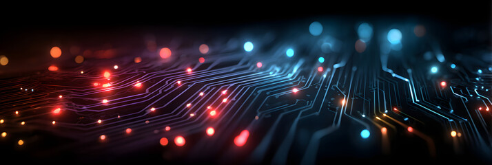 Wall Mural - abstract vector circuit board background with blue and red light effect on a dark purple background,