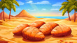 © L.H - Group of large, orange, baked goods nestled in a sandy desert landscape, with palm trees and mountains in the background