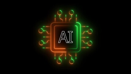 Wall Mural - abstract Glowing neon microchip ai icon isolated on black background. 4k motion graphic animation.A glowing neon blue ai chip icon symbolizes artificial intelligence technology on a black background.