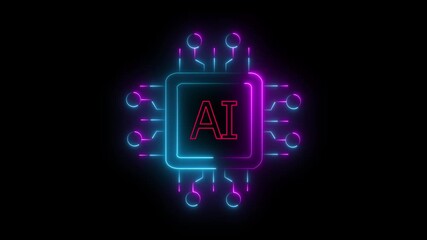 Wall Mural - abstract Glowing neon microchip ai icon isolated on black background. 4k motion graphic animation.A glowing neon blue ai chip icon symbolizes artificial intelligence technology on a black background.